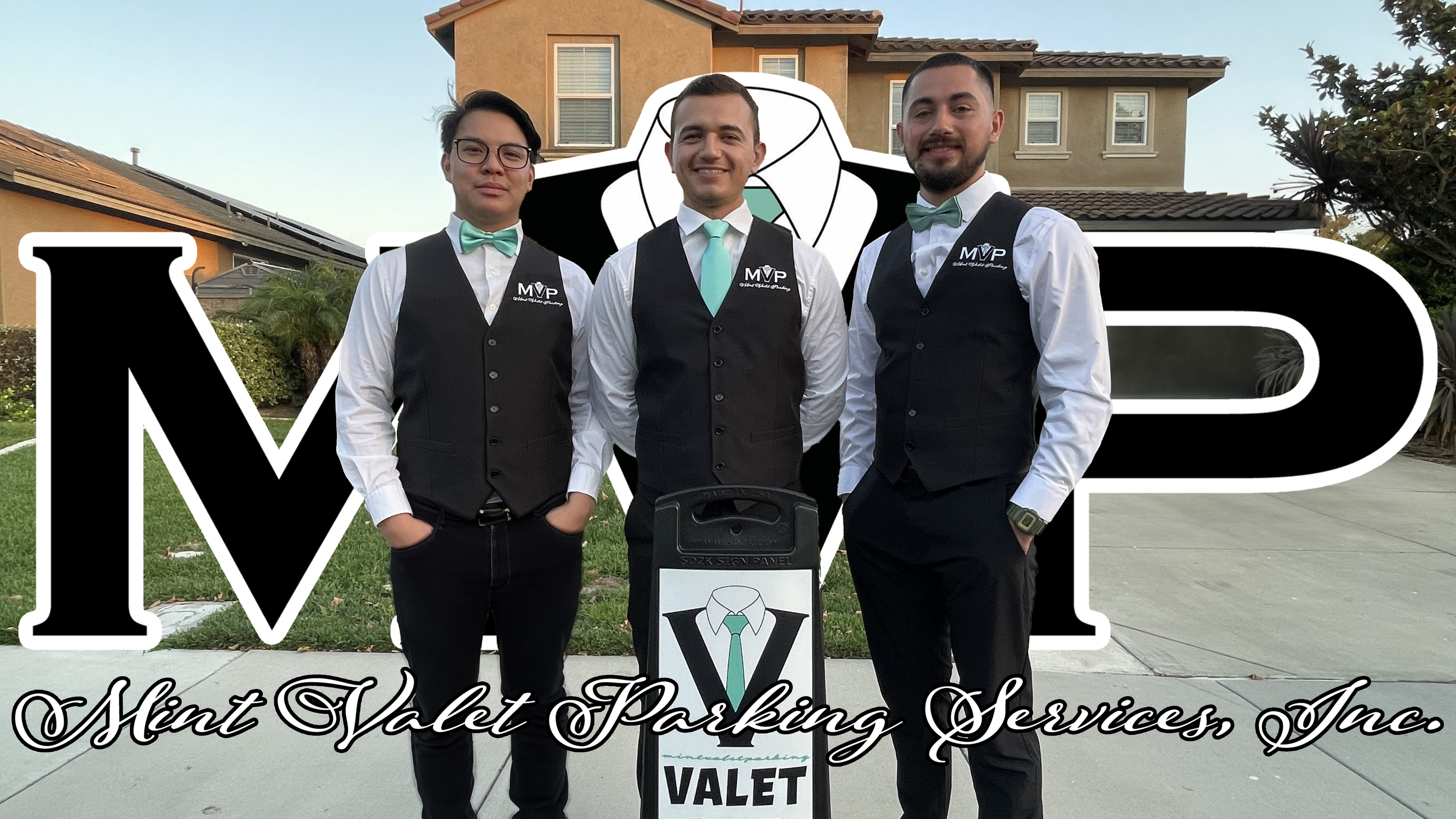 Mint Valet Parking Services team in professional attire, standing in front of the company logo, representing premier valet services